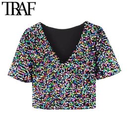 TRAF Women Sexy Fashion Colour Shiny Sequin Cropped Blouses Vintage Short Sleeve Side Zipper Female Shirts Chic Tops 210415
