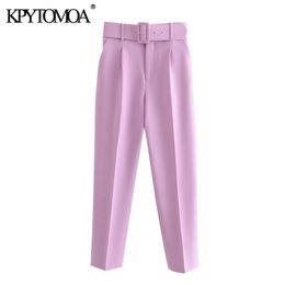 KPYTOMOA Women Chic Fashion High Waist With Belt Pants Vintage Zipper Fly Pockets Office Wear Female Ankle Trousers Mujer 210925