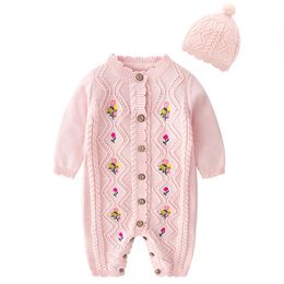 Baby Rompers Knitted Autumn born Jumpsuits Embroidery Flowers Cartoon Girls Clothes Winter Toddler Sweater Children Overall 210417