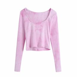 Spring Women Tie Dye Printing Hooded T Shirt Casual Female Long Sleeve Crop Tops T1393 210430
