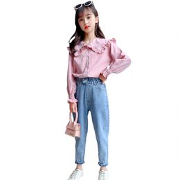 Teen Girls Clothing Solid Blouse + Jeans Girl Set Casual Style Tracksuit Kids 6 8 10 12 14 210527