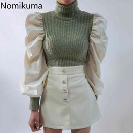 Nomikuma Korean Chic Turtleneck Pullover Fake Two Piece Patchwork Puff Sleeve Knitted Sweater Women Autumn Winter Jumpers 3d436 210514