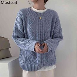 Twisted Knitted Warm Fresh Pullover Sweater Women Spring O-neck Full Sleeve Loose Solid Female Korean Jumpers Tops Mujer 210513