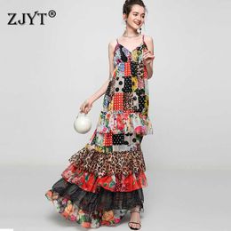 Summer Fashion Runway Designers Spaghetti Strap Leopard Print Long Maxi Bohemian Chiffon Dress Beach Robe Holiday Vestidos 210601