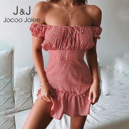 Jocoo Jolee Women Casual Short Sleeve Ruffles Mini Dress Sexy Off Shoulder Lace Up Polka Dot Slim A-line Dress Beach Party Dress 210518