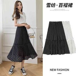 Arrival Summer Korean Style Women Loose Casual Elastic Waist A-line Skirt Chiffon Dot Patchwork Mid-calf Skirts W346 210512