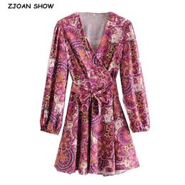 Retro Women Paisley Floral Print Long sleeve Wrap Dress Sexy Cross V neck Tie Bow Waist Mini Short Holiday 210429