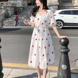 Vestidos Plus Size Summer Dress Print Women Dress V Neck Midi Dresses Short-Sleeve Cotton Korean Lantern Vintage 9372 210527