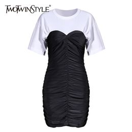 Hit Colour Patchwork Ruched Dress For Women O Neck Short Sleeve Slim Mini Dresses Female Summer 210520