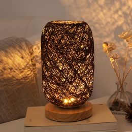 Nordic Wood Table Lamp Bedroom Bedside Lamps Art Decoration Desk light Rattan Twine Ball Lighting