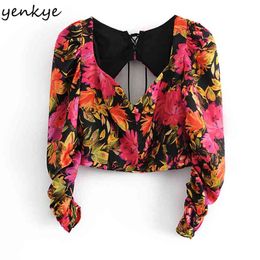 Women Multicolor Floral Print Crop Top Sexy Backless V Neck Long Sleeve Fashion Tops Streetwear Summer Blouse Blusas 210514