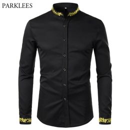 Black Gold Embroidery Shirt Men Spring New Mens Dress Shirts Stand Collar Button Up Shirts Chemise Homme Camisa Masculina 210410