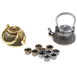 6pcs/Set 1: 12 Dollhouse Furniture Miniature Teapot Cup Plate 1 teapot with lid+ 5Cups Dining Ware Toy Metal Tea Set
