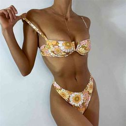Sexy Retro Printed Bikini Female Push Up Underwire Swimsuit Two Piece High Waist Swimwear Beachsuit Summer Biquini Bathing Suit 210722