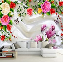 Custom Photo 3D Romantic Floral Flower Waterproof Silk Cloth Mural Wallpapers Living Room Bedroom TV Background Wall Art Decor