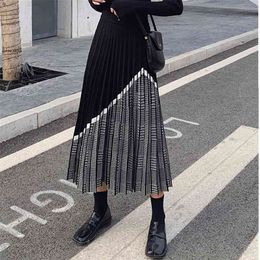 ZAWFL Winter Women's Fashion Houndstooth Midi Skirt Female High Waist Pleated Knitted Thick Black Warm Skirts 210629