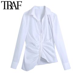 TRAF Women Fashion Draped Asymmetry White Blouses Vintage Long Sleeve Button-up Female Shirts Blusas Chic Tops 210415