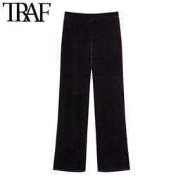 TRAF Women Fashion Straight Fit Velvet Pants Vintage High Elastic Waist Side Pockets Female Ankle Trousers Mujer 210415