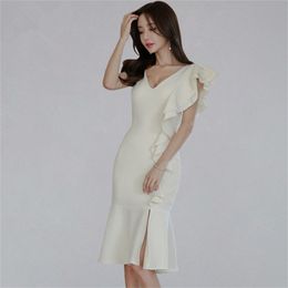 Summer Ruffles Mermaid Bodycon Dress Women Solid Color Elegant Tank Dresses OL Special Occasion Fitted Vestidos 210603