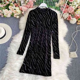 Fall Winter Retro Striped Stand-up Collar Dress Feminine Sense Versatile Temperament Bottom Bag Hip UK764 210506