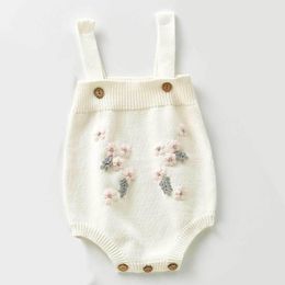 Baby Knitted Bodysuit Sleeveless Flower Embroidery Jumpsuit Newborn Girls Bodysuit One-piece Outfits Clothes Autumn Playsuit 210413