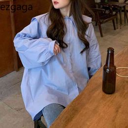 Ezgaga Vintage Blouse Women Sailor Collar Chic Spring Lace Up Loose Solid All-Match Sweet Female Shirts Korean Fashion 210430