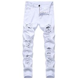 Arrival Men's Cotton Ripped Hole Jeans Casual Slim Skinny White Jeans men Trousers Fashion Stretch hip hop Denim Pants Male 220311