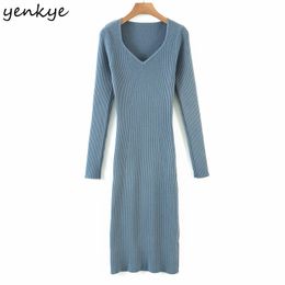 YENKYE Fashion Women Candy-Color Sexy Knit Dress Long Sleeve V Neck Midi Casual Bodycon Dress Winter Robe Femme 210515
