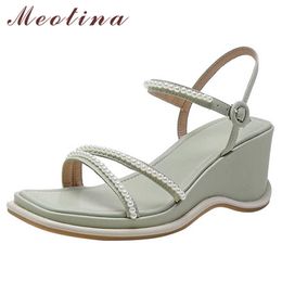 Meotina Shoes Women Genuine Leather Sandals Wedges High Heel Sandals String-bead Square Toe Ladies Footwear Summer Green 33-43 210608