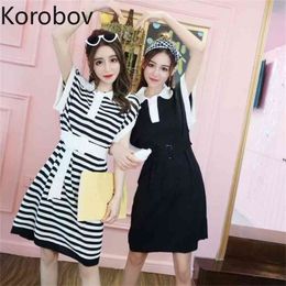 Korobov Summer New Arrival Women Striped Dress Preppy Style Turn-Down Collar Knitted Dresses Korean Short Sleeve Vestidos Mujer 210430