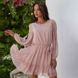 Foridol Leopard Print Long Sleeve Chiffon Ladies Elegant Spring Autumn Dress Women Casual Sash A-line Pink Ruffle Dresses 210415