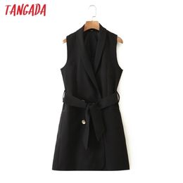 Tangada woman black long vest coat with slash office ladies waistcoat sleeveless blazer double breasted elegant top 3Z38 210819