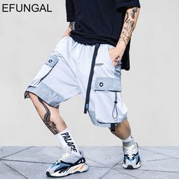 EFUNGAL Hip Hop Knee Length Pocket Reflective Stripe Summer Shorts Men Fashion Streetwear Loose Jogger Male Urban 210714