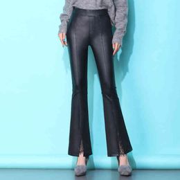 Black Flare Pu Leather Pants Female Style Autumn Winter Elastic High Waist Slim Lace stitching Women 108G 210420