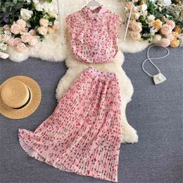 Elegant Women Two Piece Set Summer Sleeveless Blouse Tops And Pleats Long Skirts Outfit Ladies Office Pink Suits Clothes 210525