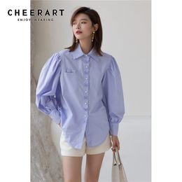 Vintage Puff Sleeve Top Long Blouse Women Autumn Embroidered Butterfly Shirt Purple Button Up Pearl 210427