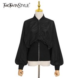 Black Tunic Female Jacket Stand Collar Long Sleeve Solid High Street Casual Jackets Fashion Clothing 210524