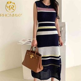 Summer Fashion Hollow Out Knitted Dresses Women Sleeveless Striped Patchwork Sweater Mermaid Dress Vintage 210506
