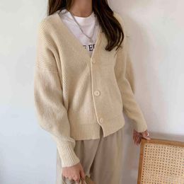 Comelsexy V Neck Knitted Sweater Cardigan Women Single Breasted Oversized Cardigans Crop Tops Autumn Winter Ladies Sweater 210515