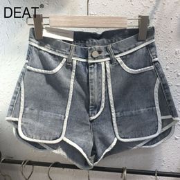Double Pockets Light Blue Contrast Color Patchwork Hemmed Jeans High Waist Shorts Washed Pants Women Summer GX818 210421