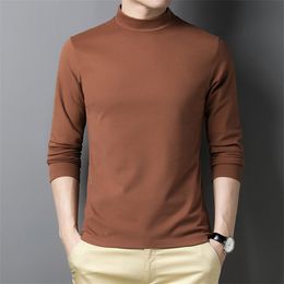 2021 Autumn Men's Fleece T-shirt Half High Collar Long Sleeve Solid Colour Slim Bottoming Shirt Male Brand Clothes 220214