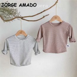 Wholesale Spring Kids Girls Boys T-Shirts Solid Colour Striped Long Sleeves Casual Style Blouses Children Clothes E99 210610