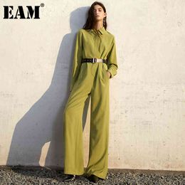 [EAM] Loose Fit Women Green Big Size Casual Jumpsuit High Waist Pocket Stitch Pants Fashion Spring Autumn 1DD6170 21512