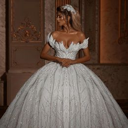 Glitzernde schulterfreie Ballkleid-Hochzeitskleider 2021, luxuriöse, glitzernde, rückenfreie Brautkleider mit langer Schleppe, Vestidos de Novia Robe Mariee
