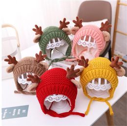Cute Deer Antlers Baby HatS Winter Warm Plush Knitted Ear Warmer Children Hat Bonnet Boys Girls Cap Beanie Christmas caps DD727
