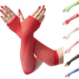 Ladies Neon Sexy Long Fingerless Fishnet Lace High Elasticity Gloves Hand Gloves Girls Punk Goth Dance Mesh Fishnet Glove Y0827