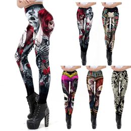 Fashion Skull Rose Print Leggings Cosplay Halloween Women Pants Sexy Skinny Female Plus Size Seam Fitness 211204