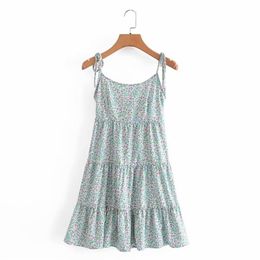 Sweet Woman Mint Green Flower Mini Sling Dress Summer Fashion Ladies Backless Beach es Girls Cute Ruffers 210515