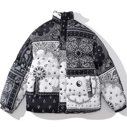 Men Cashew Parka Korean Oversize Stitching Black White Puffer Jacket Fashion Printing Graffiti Coats Hip Hop Loose Streetwear 211204