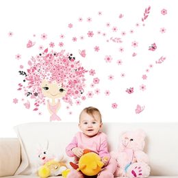 Fairies Girl Flower Butterfly Flowers Wall Stickers For Kids Rooms Art Decal Home Decor Children Girl's Room Wall Decor 210420